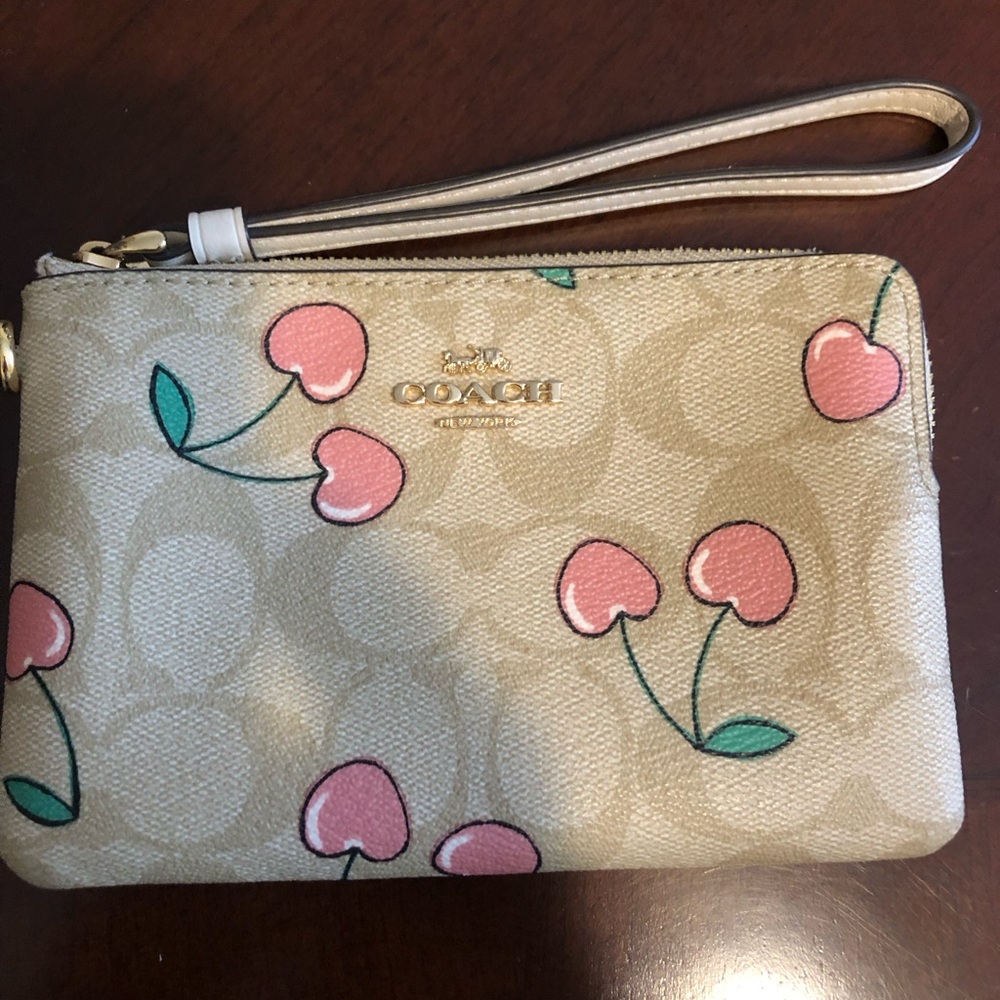 Coach Beige Signature Wristlet with Pink Cherry Print